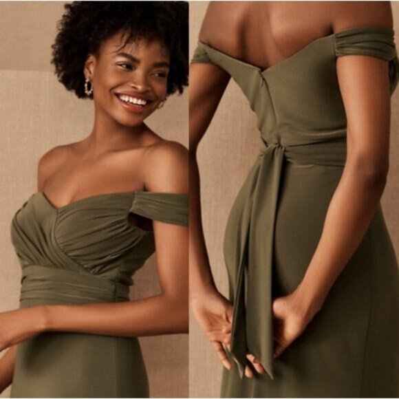 BHLDN by Anthropologie NWT Racine Off-the-Shoulder Olive Green Maxi Dress Size 8 - Picture 2 of 10